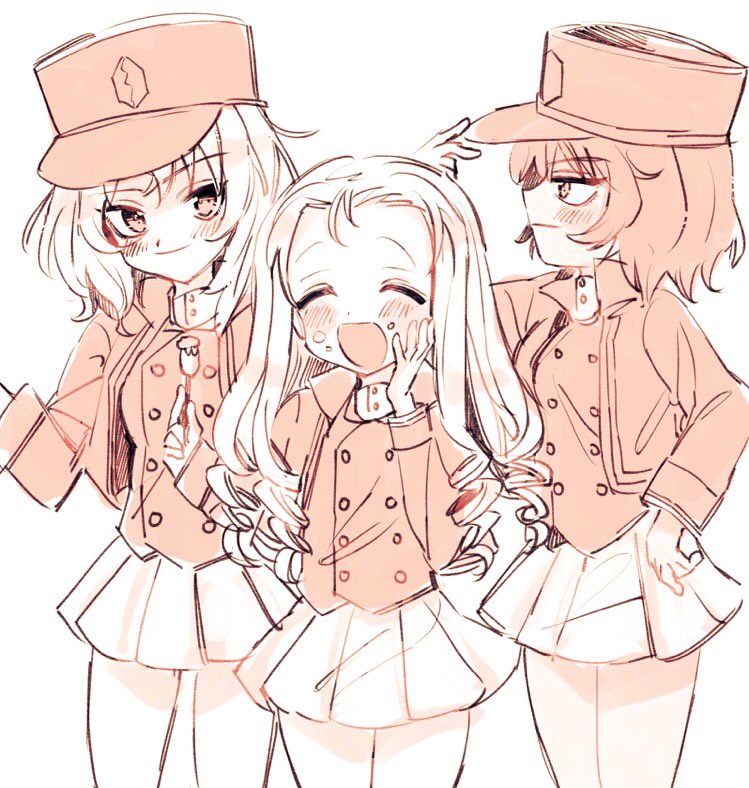 3girls andou_(girls_und_panzer) bangs bc_freedom_(emblem) bc_freedom_military_uniform black_hair blonde_hair blush closed_eyes crumbs dark_skin drill_hair emblem eyebrows_visible_through_hair food girls_und_panzer hand_on_headwear hand_on_own_cheek hand_up hat herox116 high_collar jacket long_sleeves marie_(girls_und_panzer) medium_hair messy_hair monochrome multiple_girls open_mouth oshida_(girls_und_panzer) pleated_skirt shako_cap simple_background skirt smile standing thighs tongue vest white_background