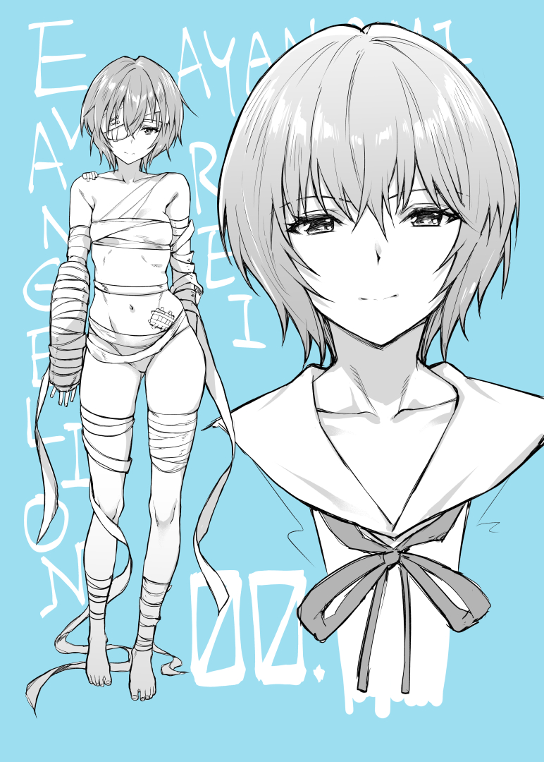 1girl ayanami_rei bandage_over_one_eye bandages bangs bare_shoulders blush breasts closed_mouth collarbone full_body hair_between_eyes legs looking_at_viewer monochrome mushi024 navel neck_ribbon neon_genesis_evangelion ribbon sailor_collar short_hair simple_background small_breasts smile solo thighs
