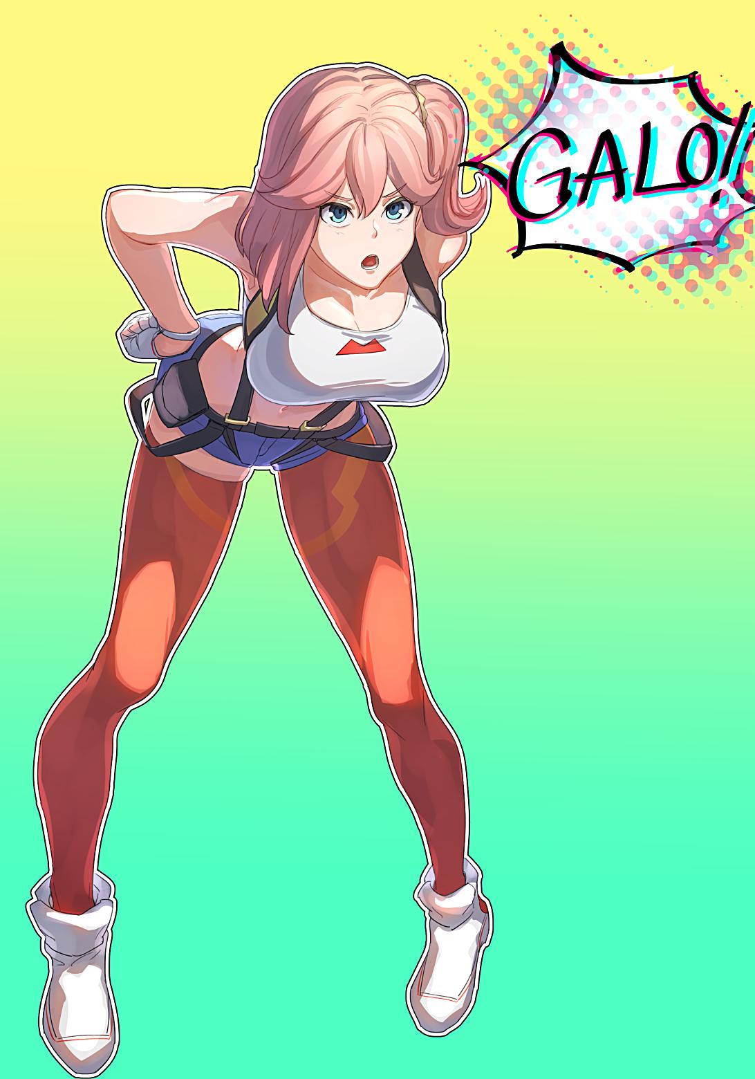 1girl aina_ardebit breasts gloves hand_on_hip highres kuroda_matsurika large_breasts midriff open_mouth pink_hair promare shorts side_ponytail speech_bubble suspenders thigh-highs