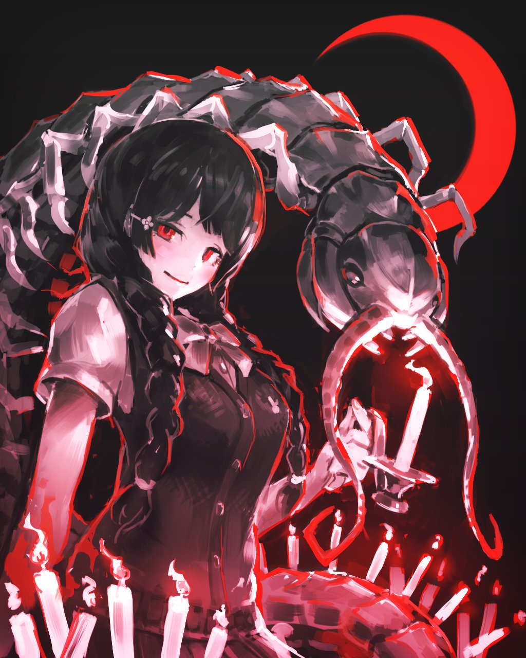 animal bangs black_background black_hair black_theme bow bowtie braid bug buttons candle centipede collared_shirt commentary crescent_moon flower hair_flower hair_ornament hair_over_shoulder hairclip highres holding_candle ito_daka long_hair looking_at_viewer monochrome moon nijisanji oversized_animal pale_skin red_eyes red_moon red_theme school_uniform shirt short_sleeves summer_uniform sweater_vest tsukino_mito twin_braids upper_body white_shirt wing_collar