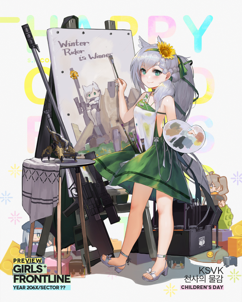 1girl animal_ears anti-materiel_rifle bangs blush braid breasts character_name choker closed_mouth dress easel flower full_body girls_frontline green_dress green_eyes green_hairband green_ribbon grey_hair gun hair_between_eyes hair_flower hair_ornament hair_over_shoulder hair_ribbon hairband holding_brush holding_easel ksvk_(girls_frontline) ksvk_12.7 long_hair looking_at_viewer official_art paintbrush painting painting_(object) pandea_work ponytail ribbon rifle sandals smile sniper_rifle solo standing sunflower table very_long_hair weapon younger