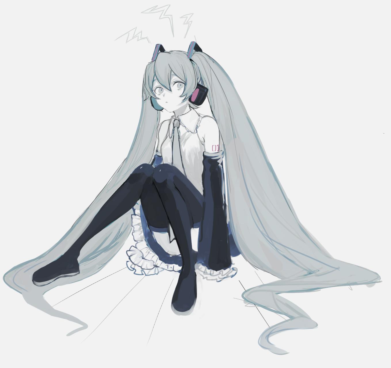 1girl arms_at_sides bare_shoulders black_legwear breasts commentary_request detached_sleeves expressionless eyelashes frilled_skirt frilled_sleeves frills full_body grey_background grey_eyes grey_hair grey_shirt hair_between_eyes hatsune_miku headset highres knees_together_feet_apart long_hair looking_away necktie number_tattoo p2_(uxjzz) parted_lips shirt shoulder_tattoo simple_background sitting skirt sleeveless sleeveless_shirt small_breasts solo tattoo thigh-highs twintails very_long_hair vocaloid