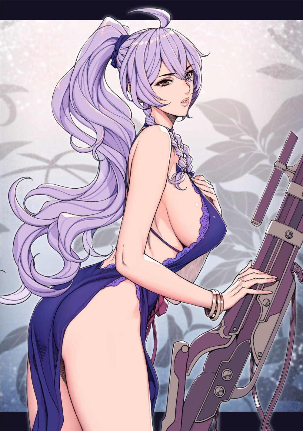 1girl :o ahoge blue_dress bracelet braid breasts china_dress chinese_clothes commentary_request dress floral_background floral_print granblue_fantasy gun highres jewelry large_breasts long_hair oda_non pink_lips rifle scrunchie sideboob silva_(granblue_fantasy) silver_hair solo twin_braids wavy_hair weapon yellow_eyes