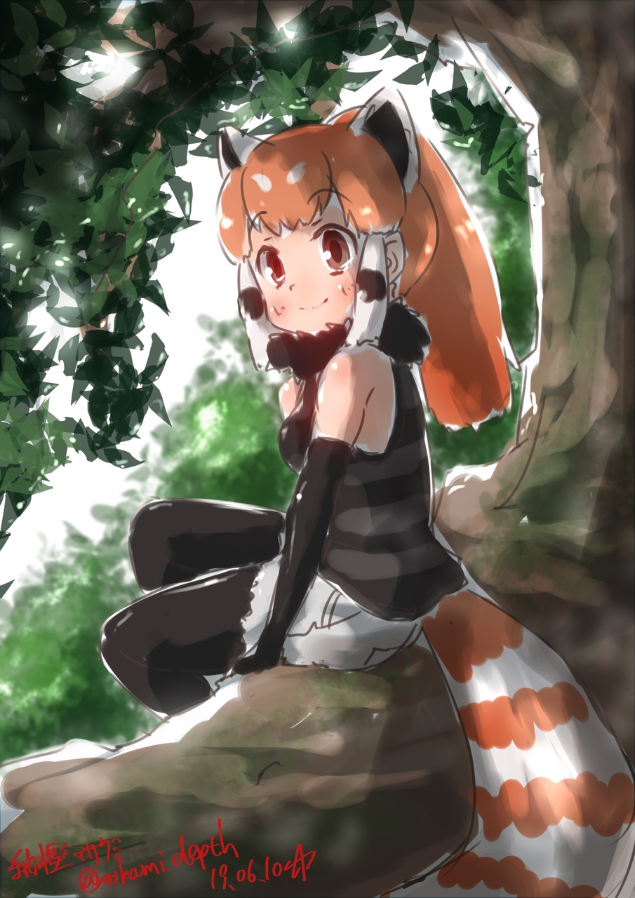 1girl bare_shoulders black_gloves black_legwear commentary_request cutoffs dated day elbow_gloves extra_ears eyebrows_visible_through_hair fur_collar gloves highres in_tree kemono_friends leaf legwear_under_shorts lesser_panda_(kemono_friends) long_hair looking_at_viewer multicolored_hair orange_hair outdoors pantyhose red_panda_ears red_panda_tail shirt short_shorts shorts signature sitting sleeveless sleeveless_shirt smile solo striped striped_shirt striped_tail tail tree twitter_username white_shorts yonaka-nakanoma