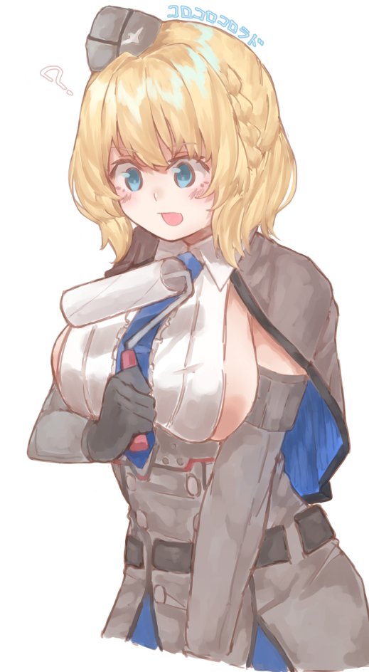 1girl ? az_toride black_gloves blonde_hair blue_eyes blue_neckwear breasts capelet colorado_(kantai_collection) commentary_request cowboy_shot dress elbow_gloves garrison_cap gloves grey_dress hat kantai_collection large_breasts necktie paint_roller pleated_dress shirt short_hair side_braids sideboob simple_background sleeveless solo white_background white_shirt