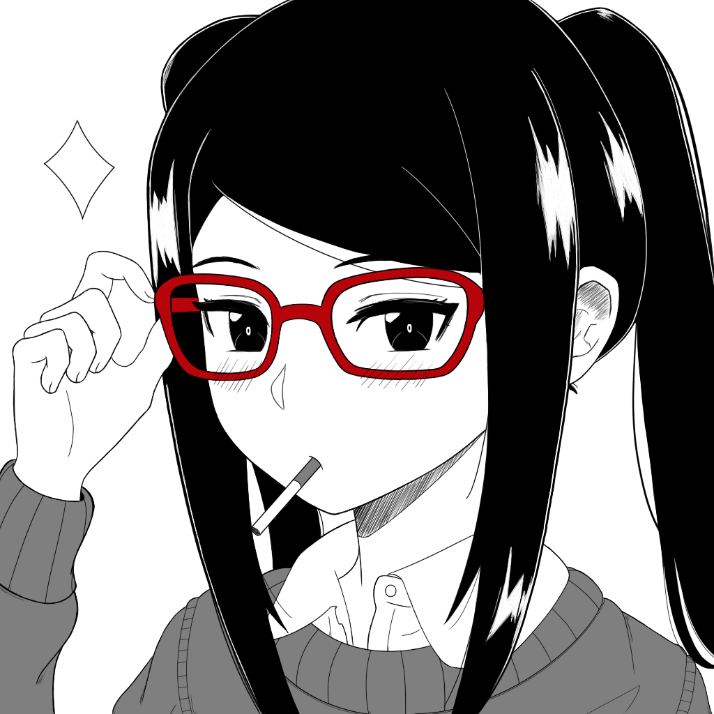 1girl adjusting_eyewear alzcats bangs bespectacled black_hair blush cardigan cigarette commentary cosplay english_commentary glasses high_contrast jill_stingray looking_at_viewer oshiete!_galko-chan otako_(galko) otako_(galko)_(cosplay) red-framed_eyewear school_uniform sidelocks solo spot_color swept_bangs twintails unbuttoned unbuttoned_shirt va-11_hall-a