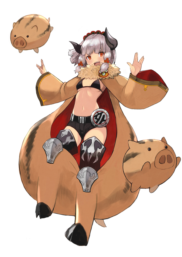 1girl :d animal_costume bangs bikini_top blackball blunt_bangs blush breasts full_body grey_hair hair_ornament hands_up horns long_sleeves looking_at_viewer medium_breasts midriff navel open_mouth original pig pig_costume red_eyes salute short_hair short_shorts shorts simple_background smile solo standing stomach teeth thigh-highs vulcan_salute white_background