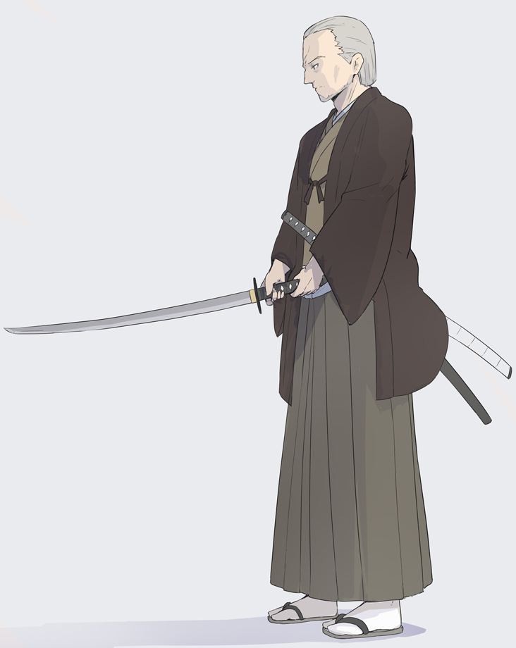 1boy beard commentary_request facial_hair fate_(series) from_side full_body grey_hair holding holding_sweapon holding_sword holding_weapon japanese_clothes katana male_focus shiseki_hirame short_hair simple_background solo sword weapon white_background yagyuu_munenori