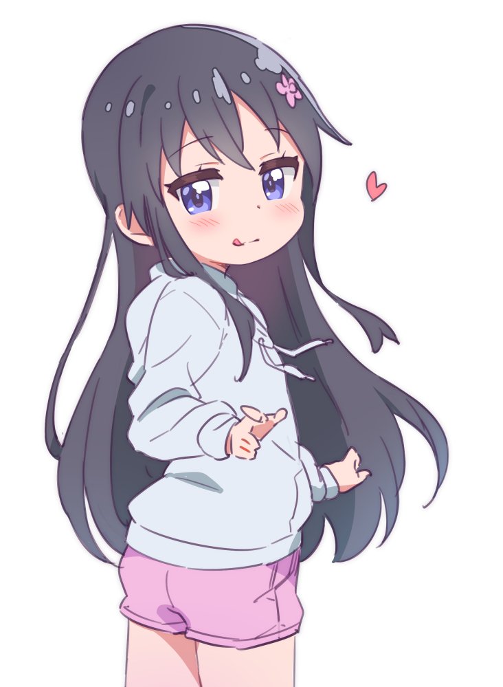 1girl bangs black_hair blue_eyes blush commentary_request drawstring eyebrows_visible_through_hair flower grey_hoodie hair_flower hair_ornament heart hood hood_down hoodie jigatei_(omijin) long_hair long_sleeves looking_at_viewer looking_to_the_side pink_flower pink_shorts shirosaki_hana short_shorts shorts sidelocks simple_background solo very_long_hair watashi_ni_tenshi_ga_maiorita! white_background