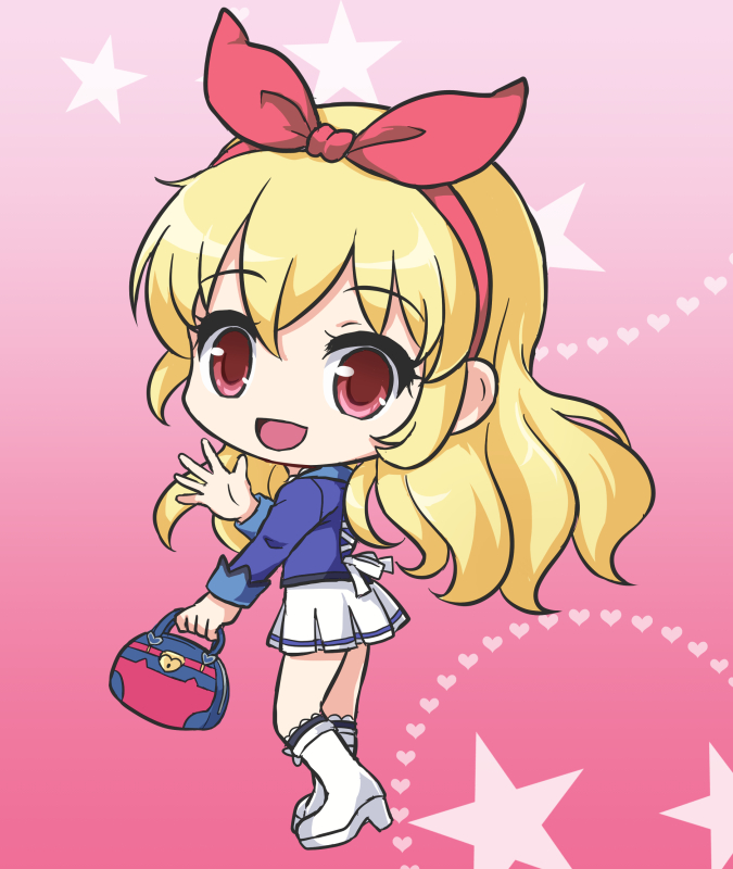 1girl :d aikatsu! aikatsu!_(series) bag bangs blazer blonde_hair blue_jacket blush boots eyebrows_visible_through_hair full_body hair_between_eyes hair_ribbon hairband heart heart_background high_heel_boots high_heels holding holding_bag hoshimiya_ichigo jacket knee_boots long_hair looking_at_viewer looking_to_the_side nekono_rin open_mouth pleated_skirt red_eyes red_hairband red_ribbon ribbon skirt smile solo standing star starlight_academy_uniform starry_background very_long_hair white_footwear white_skirt