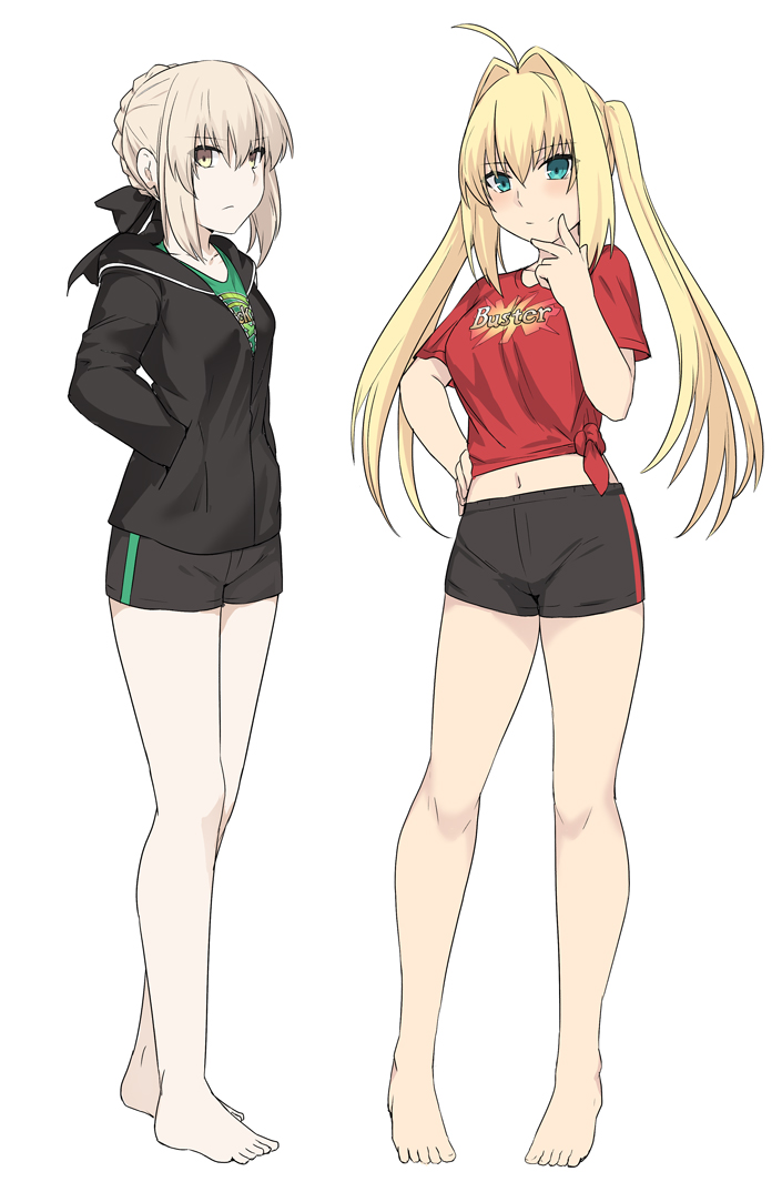 2girls ahoge artoria_pendragon_(all) bangs bare_legs black_jacket black_ribbon black_shorts blonde_hair blush breasts collarbone commentary_request eyebrows_visible_through_hair fate/grand_order fate_(series) frown full_body green_shirt hair_between_eyes hair_ribbon jacket long_hair long_sleeves looking_at_viewer medium_breasts multiple_girls navel nero_claudius_(fate) nero_claudius_(fate)_(all) red_shirt ribbon saber_alter shirt shiseki_hirame short_hair short_shorts short_sleeves shorts simple_background smile white_background