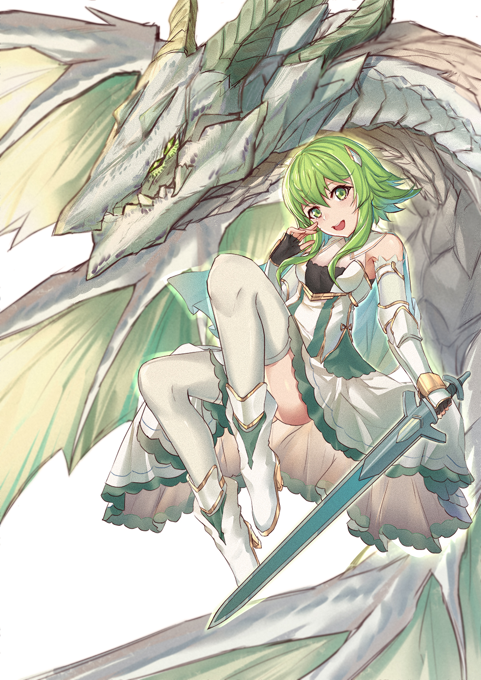 1girl armor bobo_(6630978) breasts chinese_commentary commentary dragon dress fangs fingerless_gloves full_body gloves green_eyes green_hair gumi hand_on_own_face highres holding holding_sword holding_weapon horns knees_up looking_at_viewer medium_breasts short_hair_with_long_locks smile sword thigh-highs vambraces vocaloid weapon white_dress white_footwear white_legwear wings