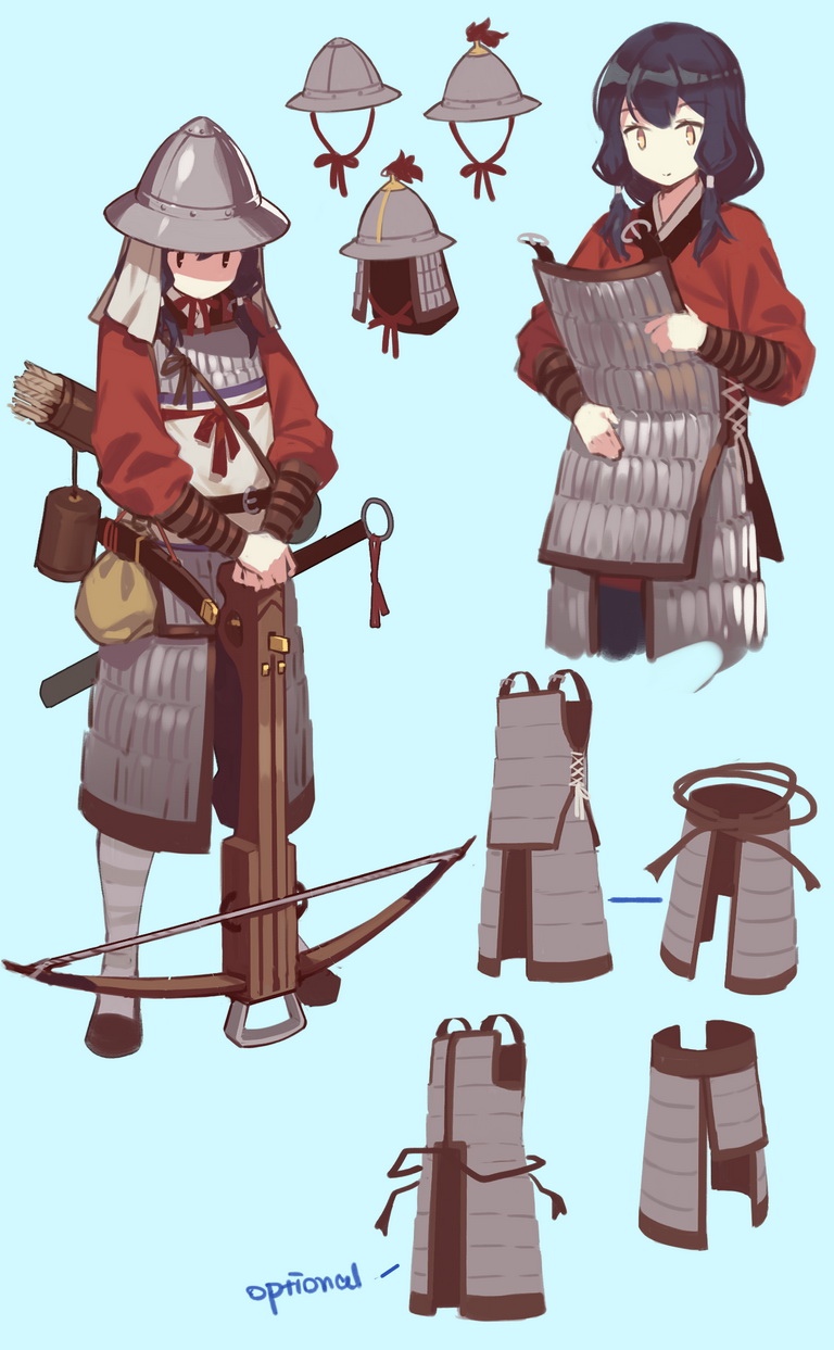 1girl armor arrow black_hair blue_background bow_(weapon) brown_eyes chinese_armor chinese_clothes crossbow fangdan_runiu helmet highres long_hair original quiver sheath sheathed simple_background smile sword weapon