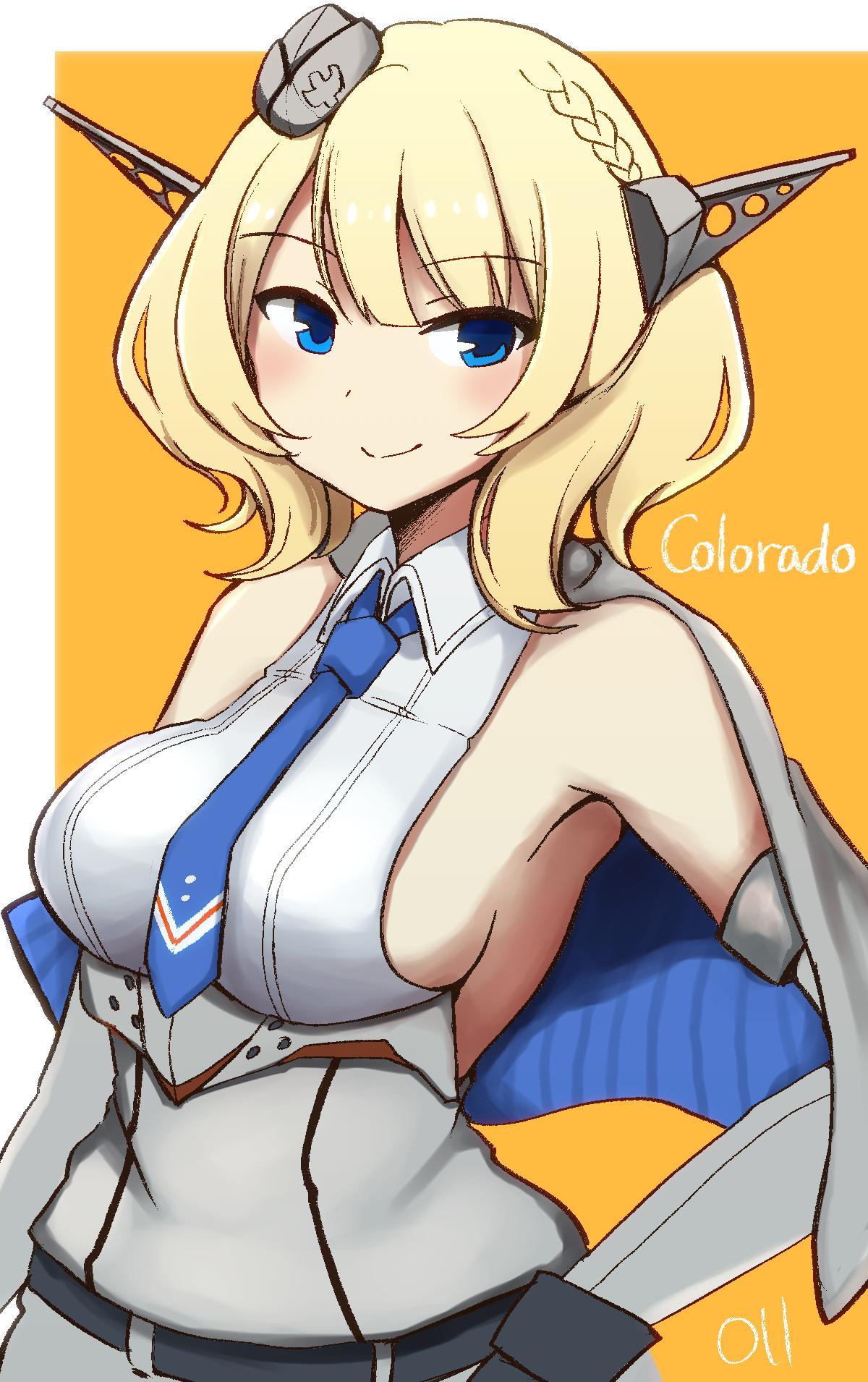 1girl bangs blonde_hair blue_eyes blue_neckwear blush braid breasts capelet character_name colorado_(kantai_collection) dot_nose dress elbow_gloves eyebrows_visible_through_hair garrison_cap gloves hat headgear highres kantai_collection ma_rukan mini_hat necktie short_hair sideboob signature sleeveless smile solo