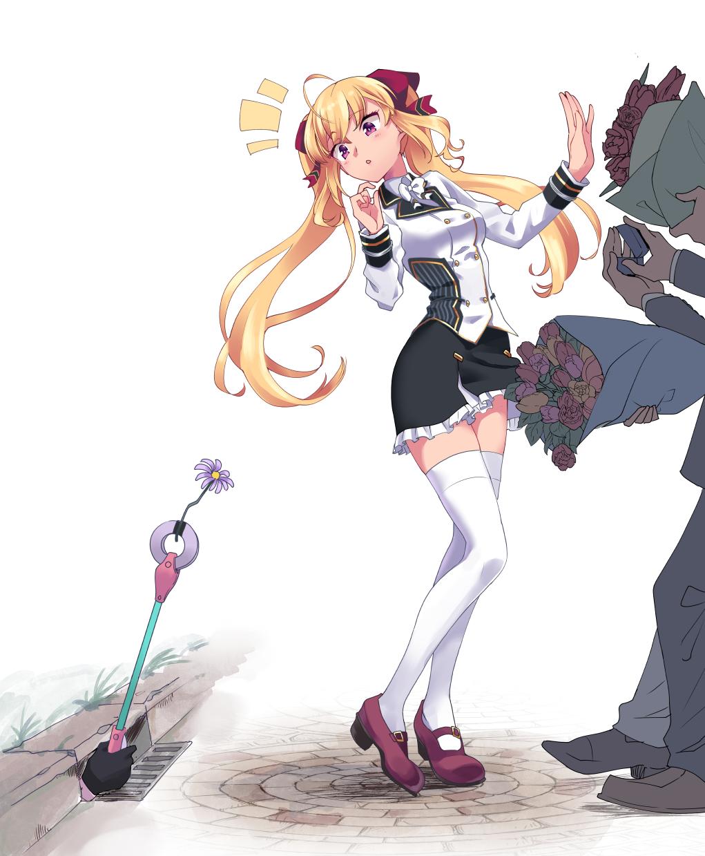 1girl 3boys ahoge black_skirt blonde_hair bouquet breasts brown_footwear flower hakkaku_shikimi highres holding holding_bouquet holding_flower large_breasts long_hair multiple_boys nijisanji out_of_frame purple_footwear sewer_grate skirt standing takamiya_rion thigh-highs twintails very_long_hair violet_eyes white_legwear