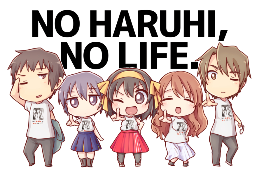 2boys 3girls alternate_costume asahina_mikuru black_eyes black_hair blue_skirt brown_hair casual chibi closed_eyes commentary_request grey_hair hairband index_finger_raised koizumi_itsuki kyon long_hair long_skirt looking_at_viewer multiple_boys multiple_girls nagato_yuki one_eye_closed red_skirt shirt short_hair simple_background skirt smile standing suzumiya_haruhi suzumiya_haruhi_no_yuuutsu t-shirt taiki_(6240taiki) white_background white_shirt white_skirt yellow_hairband