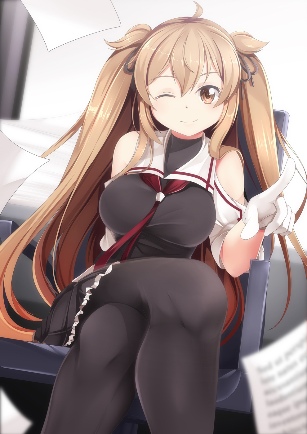 1girl ahoge asymmetrical_clothes bangs bare_shoulders black_serafuku blonde_hair breasts chair commentary_request crossed_legs eyebrows_visible_through_hair gloves hair_between_eyes hair_flaps hair_ribbon highres indoors kantai_collection large_breasts looking_at_viewer murasame_(kantai_collection) neckerchief one_eye_closed pantyhose paper pointing pointing_at_viewer red_neckwear remodel_(kantai_collection) ribbon school_uniform serafuku short_sleeves sidelocks sitting smile solo twintails white_gloves yasume_yukito yellow_eyes