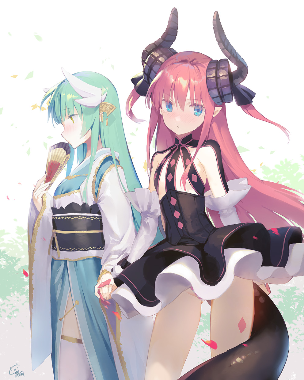 2girls bangs black_dress black_ribbon blue_eyes blue_kimono blush closed_mouth commentary_request detached_sleeves dragon_girl dragon_horns dragon_tail dress elizabeth_bathory_(fate) elizabeth_bathory_(fate)_(all) eyebrows_visible_through_hair fan fate/extra fate/extra_ccc fate/grand_order fate_(series) folding_fan green_hair hair_between_eyes hair_ribbon highres holding holding_fan holding_hands horns japanese_clothes kimono kiyohime_(fate/grand_order) long_hair long_sleeves multiple_girls nose_blush petals pink_hair pleated_dress ribbon ritsuki signature sleeves_past_wrists tail two_side_up very_long_hair white_background white_sleeves yellow_eyes yuri