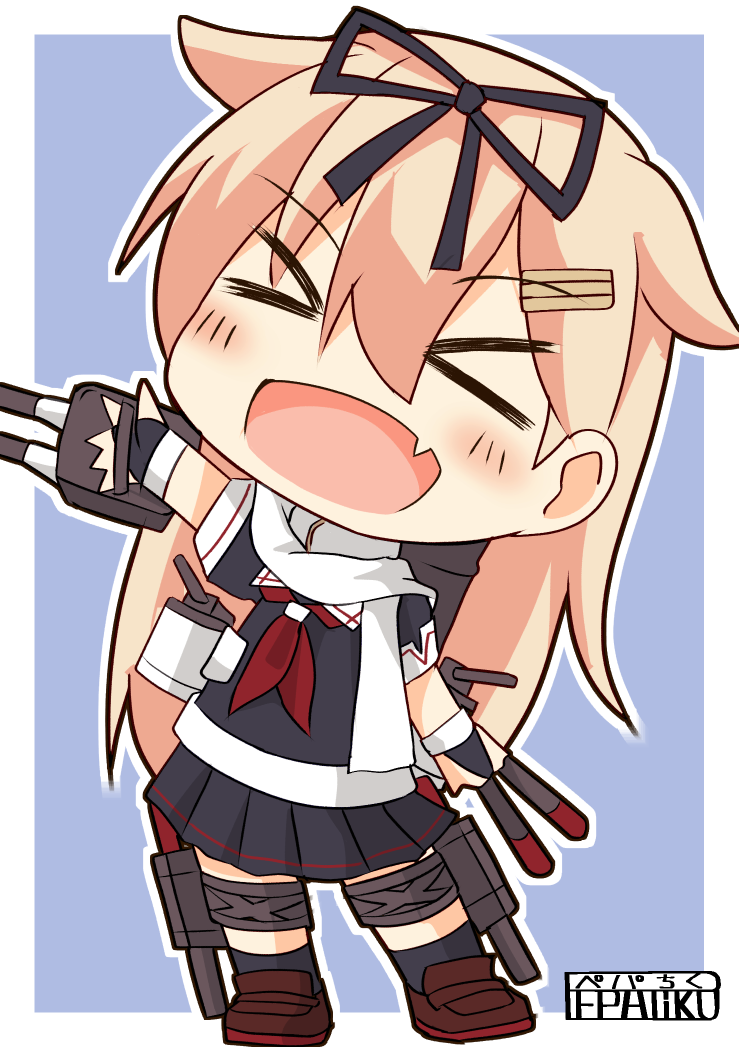 &gt;_&lt; 1girl :d blonde_hair chibi commentary_request hair_ornament hair_ribbon hairclip kantai_collection machinery neckerchief open_mouth pepatiku remodel_(kantai_collection) ribbon scarf skirt smile solo xd yuudachi_(kantai_collection)