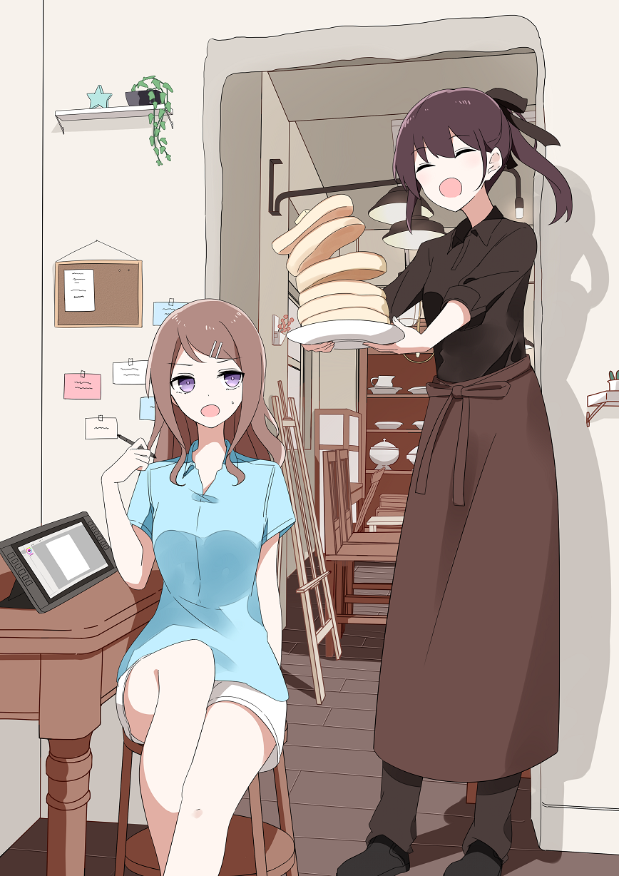 2girls :o aa_(sin2324) apron black_bow black_footwear black_shirt blue_shirt blush bow brown_apron brown_hair brown_pants chair closed_eyes collared_shirt commentary_request cupboard drawing_tablet easel food hair_bow hair_ornament hairclip hakama-chan_(aa) highres holding holding_plate holding_stylus indoors long_hair multiple_girls open_mouth original pancake pants plate ponytail shirt shoes short_shorts short_sleeves shorts stack_of_pancakes standing stylus violet_eyes waist_apron white_shorts wooden_floor