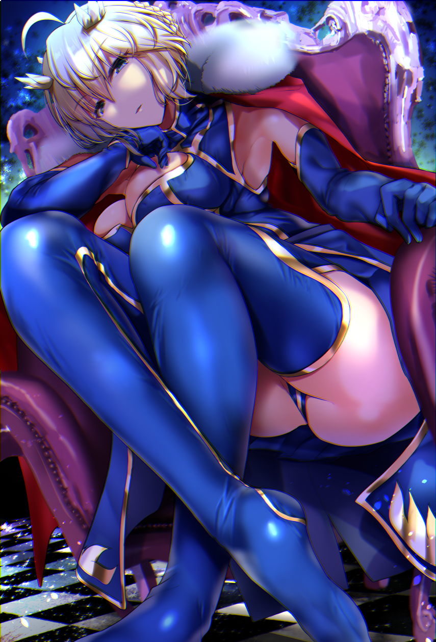 1girl ahoge artoria_pendragon_(all) artoria_pendragon_(lancer) bangs blonde_hair blue_footwear blush boots braid breasts cape chair crossed_ankles crown elbow_rest eyebrows_visible_through_hair fate/grand_order fate_(series) french_braid fur_trim green_eyes hair_between_eyes head_tilt high_heel_boots high_heels highres large_breasts long_hair looking_at_viewer nonohachi sidelocks sitting smile solo swept_bangs thigh-highs thigh_boots thighs
