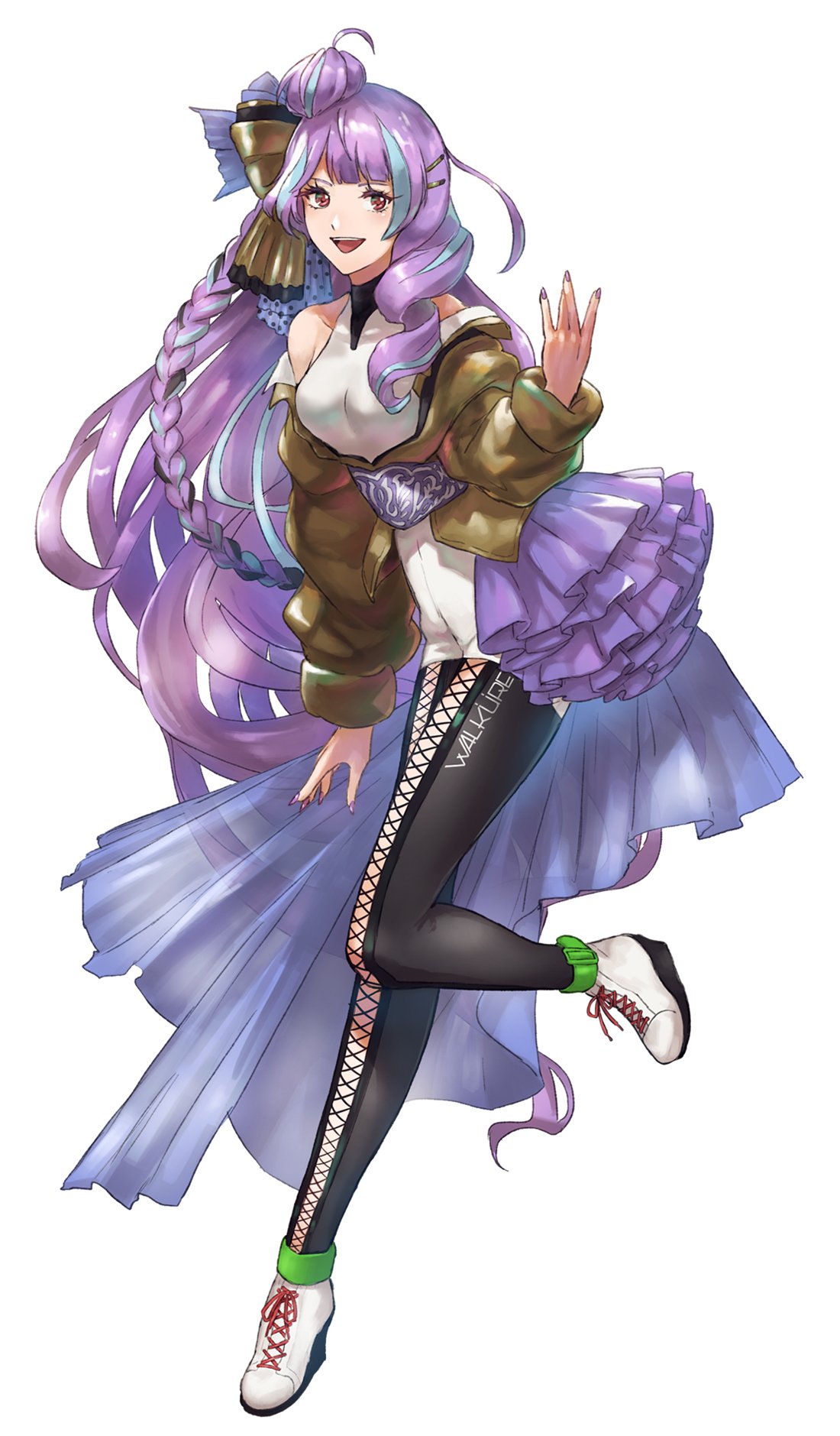 1girl :d black_legwear blue_hair boots bow brown_bow collarbone dress floating_hair full_body hair_bow hair_ornament hairclip highlights highres long_hair looking_at_viewer macross macross_delta mikumo_guynemer multicolored_hair nail_polish open_mouth pantyhose pink_nails purple_hair red_eyes shimatani_azu short_dress simple_background smile solo two-tone_hair very_long_hair white_background white_dress white_footwear