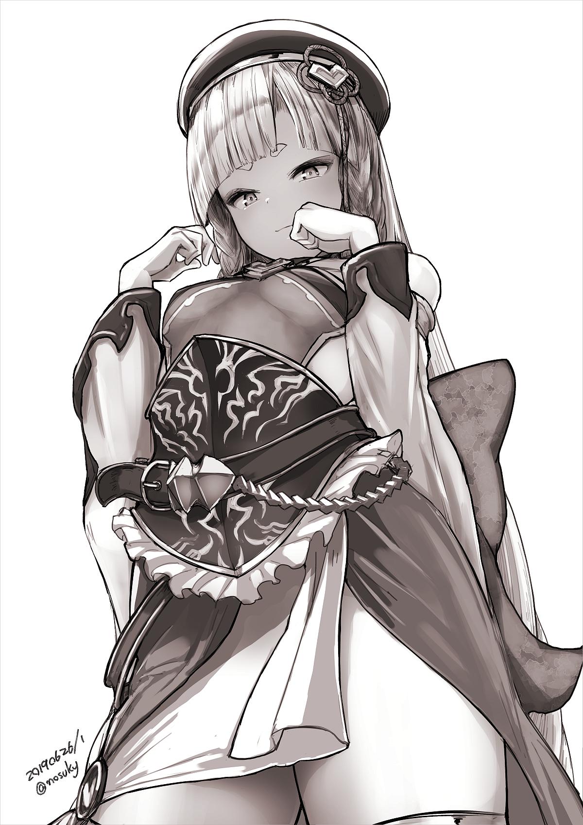 1girl bangs bare_shoulders belt beret blunt_bangs blush braid breasts closed_mouth detached_sleeves dress erune eyeliner granblue_fantasy greyscale hands_up hat highres long_hair looking_at_viewer makeup monochrome nosuku paw_pose pholia sash short_eyebrows simple_background small_breasts smile solo thighs very_long_hair white_background wide_sleeves