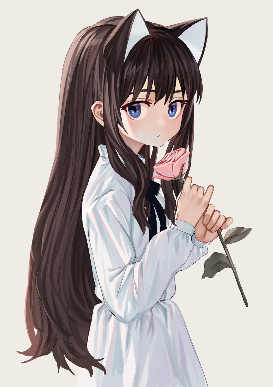 1girl animal_ears bangs blue_eyes brown_hair cat_ears dress extra_ears flower highres holding holding_flower long_hair long_sleeves looking_at_viewer luicent original rose sidelocks simple_background solo white_dress