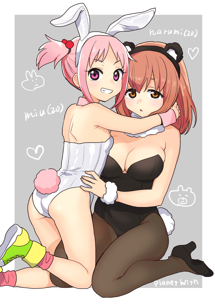 2girls animal_ears ass bare_shoulders black_leotard breasts brown_eyes brown_hair brown_legwear bunnysuit copyright_name fake_animal_ears grey_background hair_bobbles hair_ornament high_heels inaba_miu kneeling kumashiro_harumi leotard medium_breasts multiple_girls pantyhose pink_hair planet_with shinocomics shoes short_twintails simple_background small_breasts smile sneakers twintails white_leotard yuri