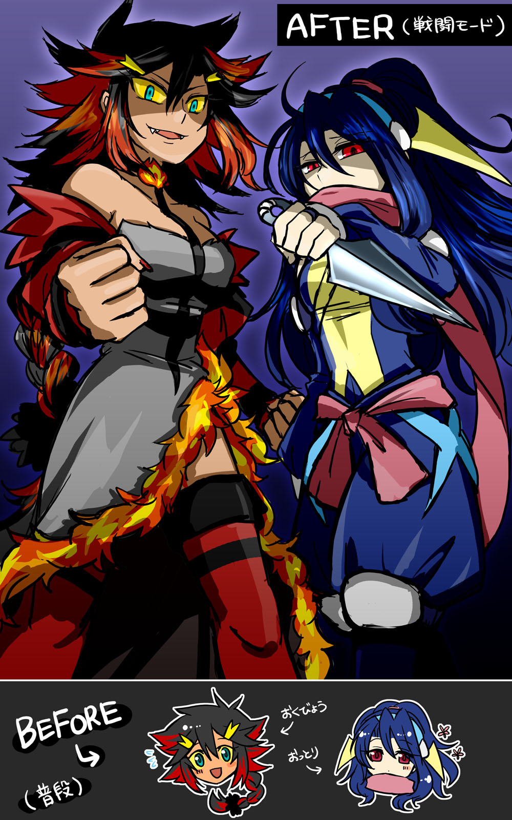 2girls bare_shoulders before_and_after black_hair blue_hair braid commentary_request creatures_(company) english_text flame_print flying_sweatdrops game_freak gen_6_pokemon gen_7_pokemon gijinka green_eyes greninja hair_between_eyes hatsuru_826 highres holding holding_knife humanization incineroar knife kunai long_hair looking_at_viewer moemon multicolored_hair multiple_girls nintendo olm_digital open_mouth personification pokemon pokemon_(anime) pokemon_(game) pokemon_sm pokemon_xy red_eyes red_legwear red_nails redhead single_braid sora_(company) super_smash_bros. super_smash_bros._ultimate thigh-highs translation_request weapon yellow_sclera