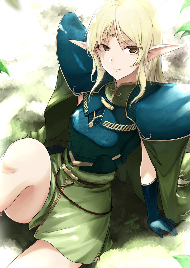 1girl arm_support backlighting bangs blonde_hair blue_gloves breastplate breasts brown_eyes cape closed_mouth commentary_request day deedlit dress elbow_gloves elf forehead_jewel gloves green_cape green_dress knee_up long_hair outdoors pauldrons pointy_ears record_of_lodoss_war sidelocks sitting small_breasts smile solo tea_(nakenashi) very_long_hair