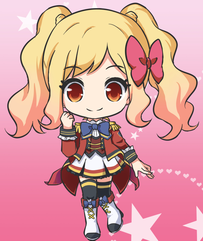 1girl aikatsu! aikatsu!_(series) bangs black_legwear blonde_hair blue_bow boots bow brown_vest closed_mouth epaulettes eyebrows_visible_through_hair full_body hair_bow hand_up heart heart_background jacket knee_boots long_sleeves nekono_rin nijino_yume open_clothes open_jacket pleated_skirt red_bow red_eyes red_jacket shirt skirt smile solo standing standing_on_one_leg star starry_background thigh-highs thighhighs_under_boots twintails vest white_footwear white_shirt white_skirt
