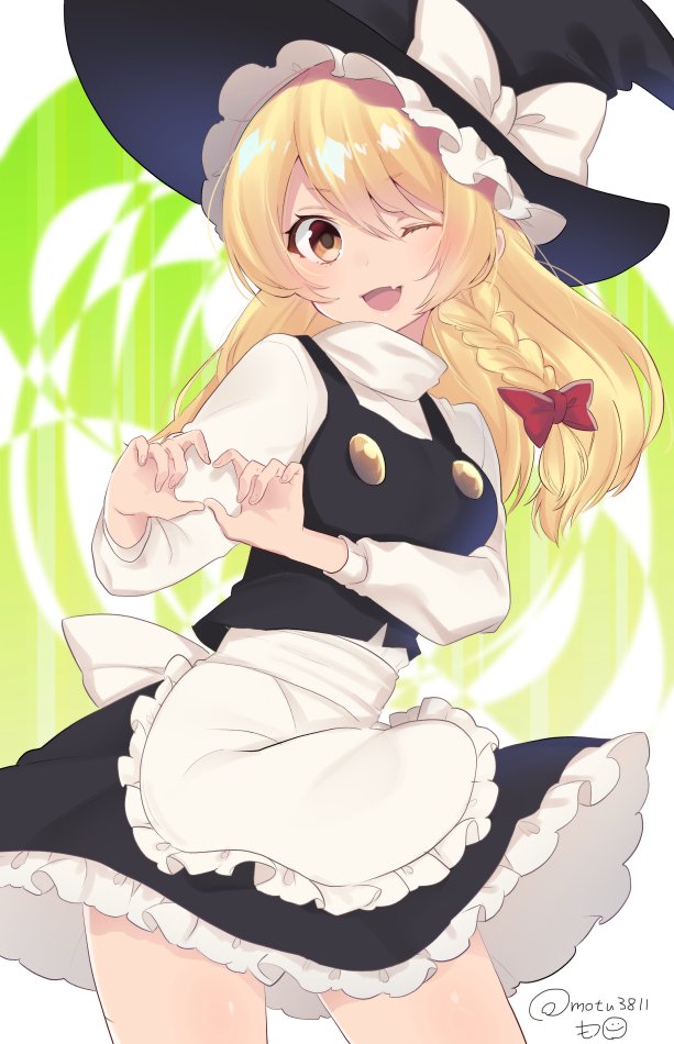 1girl ;d apron asa_(coco) bangs black_headwear black_skirt black_vest blonde_hair blush bow braid breasts brown_eyes commentary_request cowboy_shot eyebrows_visible_through_hair fang frilled_apron frills hair_between_eyes hair_bow hat hat_bow heart heart_hands kirisame_marisa long_hair long_sleeves looking_at_viewer medium_breasts miniskirt one_eye_closed open_mouth petticoat red_bow shirt single_braid skin_fang skirt skirt_set smile solo standing thighs touhou twitter_username vest waist_apron white_apron white_background white_bow white_shirt witch_hat
