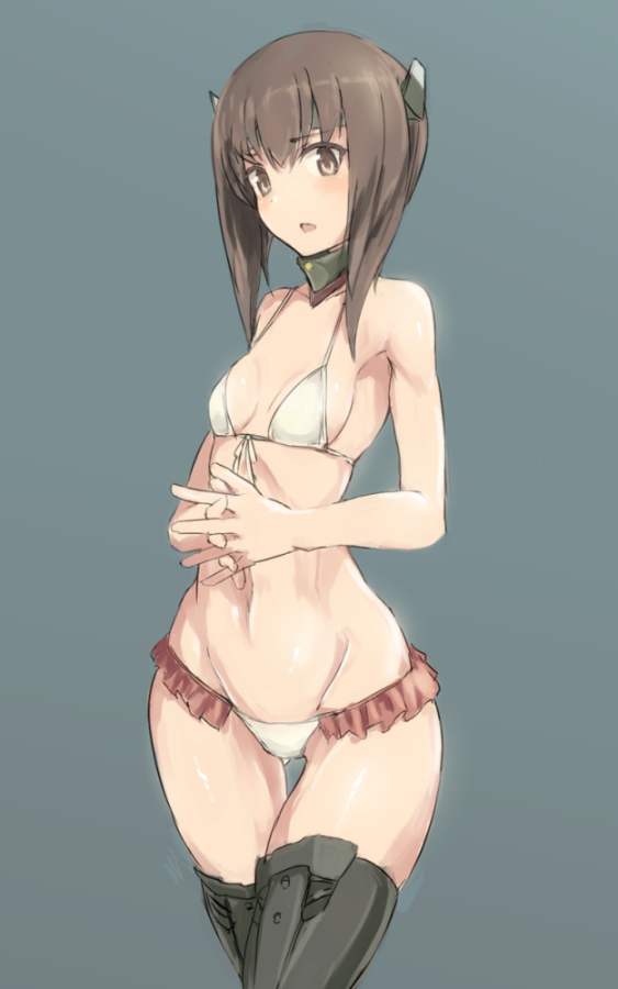 1girl ass_visible_through_thighs bikini breasts brown_eyes brown_hair commentary_request detached_collar frilled_bikini frills front-tie_top grey_background hands_clasped headgear kantai_collection looking_at_viewer lowleg lowleg_bikini own_hands_together short_hair small_breasts solo swimsuit taihou_(kantai_collection) thigh-highs thigh_gap tsukira_(amayadori) white_bikini