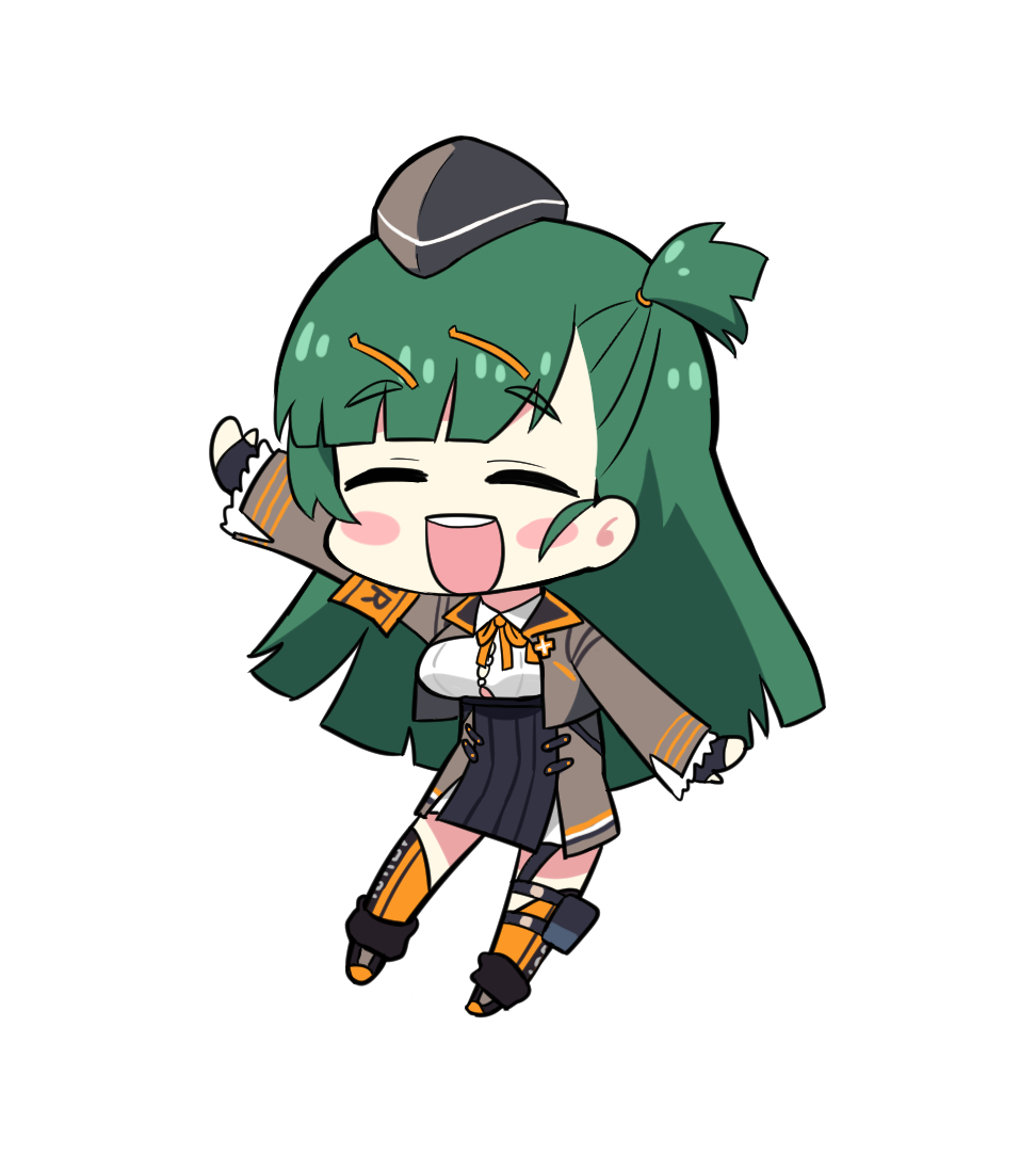 1girl ^_^ ^o^ blush_stickers breasts chibi closed_eyes eyebrows_visible_through_hair g28_(girls_frontline) girls_frontline green_hair jacket long_hair nemomo simple_background solo thick_eyebrows thigh-highs white_background yellow_legwear