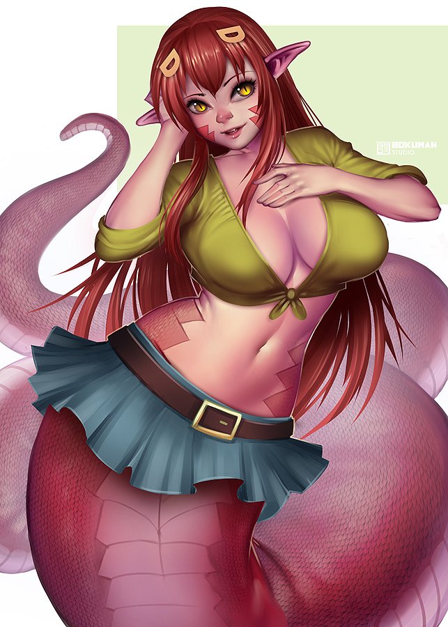 1girl artist_name belt bokuman breasts fang hair_ornament hair_over_one_breast hair_over_shoulder hairclip hands_on_own_breasts lamia large_breasts lips long_hair looking_at_viewer midriff miia_(monster_musume) miniskirt monster_girl monster_musume_no_iru_nichijou navel open_mouth pointy_ears redhead scales shirt skirt slit_pupils solo tail tied_shirt yellow_eyes
