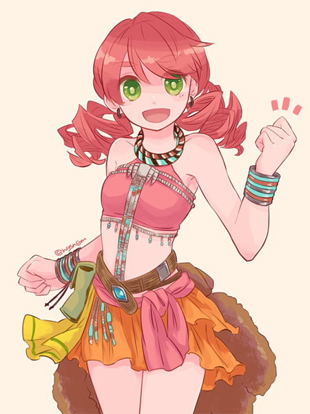 1girl bracelet breasts earrings final_fantasy final_fantasy_xiii green_eyes jewelry looking_at_viewer midriff necklace oerba_dia_vanille open_mouth pink_hair redhead short_twintails simple_background smile solo sunagimo_(nagimo) twintails