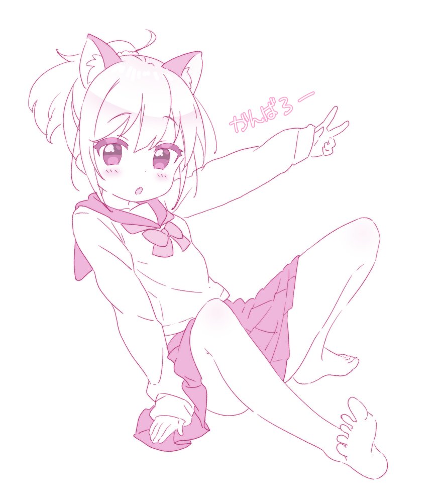 1girl animal_ear_fluff animal_ears bangs barefoot blush bow cat_ears commentary_request copyright_request eyebrows_visible_through_hair fang full_body hair_between_eyes high_ponytail jigatei_(omijin) monochrome outstretched_arm parted_lips pleated_skirt ponytail sailor_collar school_uniform serafuku shirt sidelocks simple_background skirt sleeves_past_wrists soles solo translated v white_background