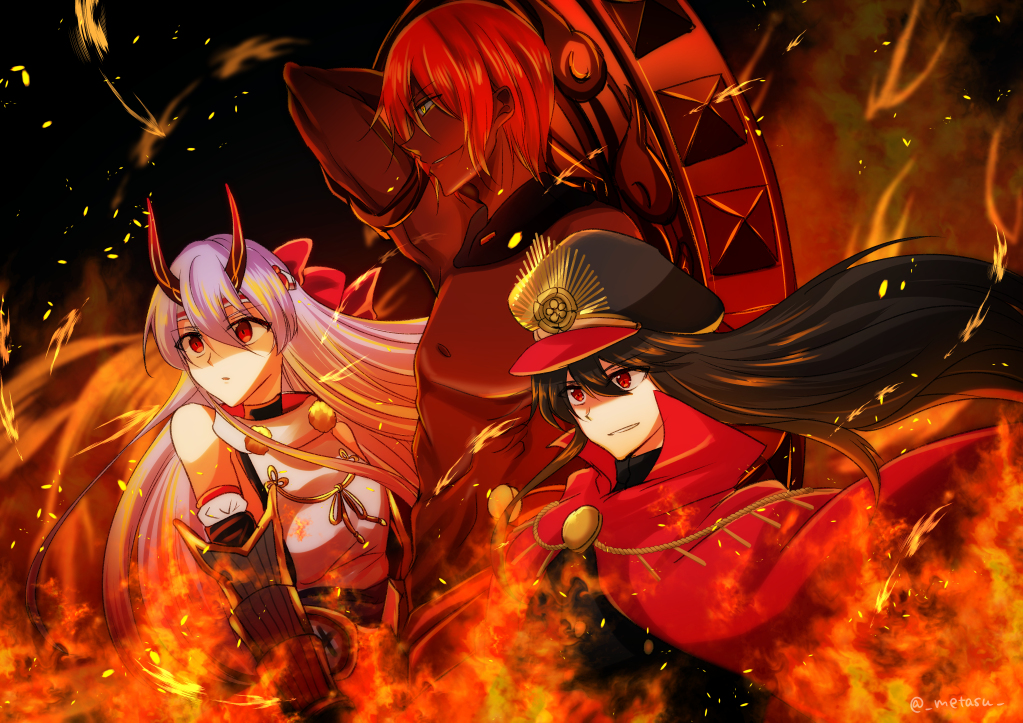 1boy 2girls armor ashwatthama_(fate/grand_order) black_hair black_headwear bow cape dark_skin dark_skinned_male detached_sleeves family_crest fate/grand_order fate_(series) fire hair_bow hat japanese_armor long_hair military_hat multiple_girls oda_nobunaga_(fate) oda_uri oni_horns peaked_cap purple_hair red_bow red_cape red_eyes red_horns redhead shirt shirtless shoulder_armor sode tomoe_gozen_(fate/grand_order) tsubaki_metasu white_shirt white_sleeves