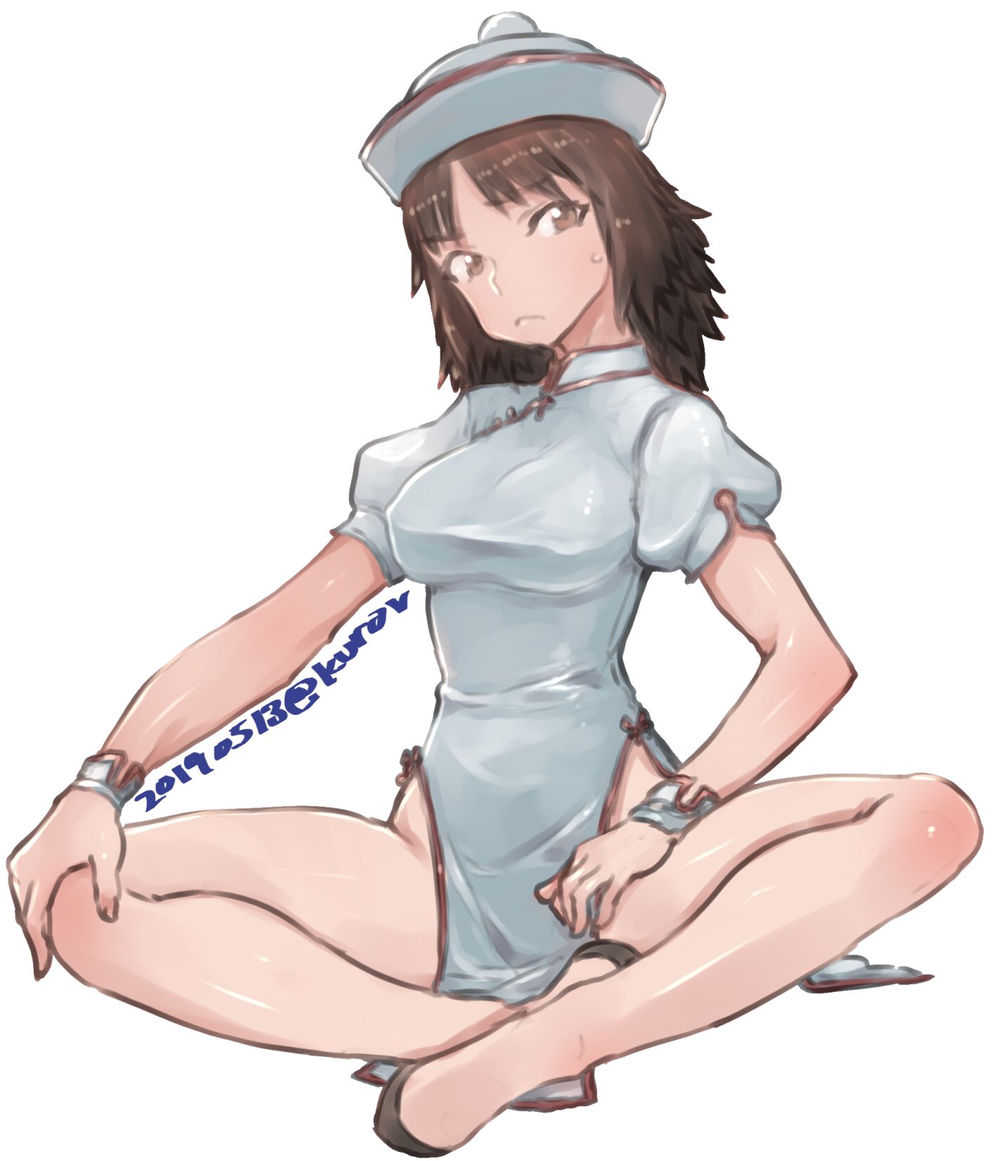 1girl abaratani_kurou alternate_costume bangs black_eyes black_footwear black_hair china_dress chinese_clothes closed_mouth commentary dated dress eyebrows_visible_through_hair flats frown full_body girls_und_panzer hat head_tilt highres indian_style legs long_hair looking_at_viewer murakami_(girls_und_panzer) no_panties puffy_short_sleeves puffy_sleeves short_dress short_sleeves side_slit simple_background sitting solo sweatdrop twitter_username white_background white_dress white_headwear wrist_cuffs