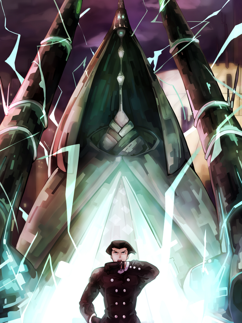 1boy black_eyes black_gloves black_hair black_jacket celesteela crossover dark_sky electricity gloves hair_slicked_back hand_on_hip highres jacket long_sleeves open_mouth outdoors poini_(king-scarlet-dead) pokemon roger_smith standing the_big_o ultra_beast watch watch