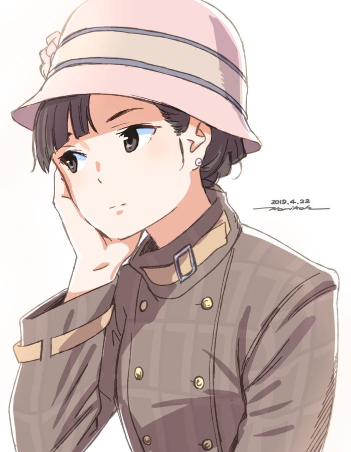 1girl alternate_hairstyle artist_name asymmetrical_bangs bangs brown_dress brown_eyes brown_hair chin_rest closed_mouth commentary dated dress earrings girls_und_panzer hair_up hat horikou jewelry light_frown long_sleeves nishi_kinuyo pink_headwear short_hair signature simple_background solo tied_hair upper_body white_background