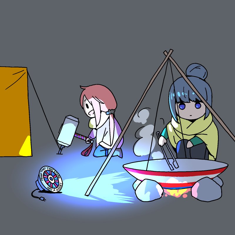 2girls avengers:_endgame blue_eyes blue_hair fire grey_background hair_bun hammer holding holding_weapon jitome kagamihara_nadeshiko long_sleeves low_twintails marvel mjolnir multiple_girls onsen_tamago_(hs_egg) open_mouth orange_scarf outdoors pink_hair plug scarf shawl shield shima_rin smile spoilers tent twintails violet_eyes weapon winter_clothes yurucamp