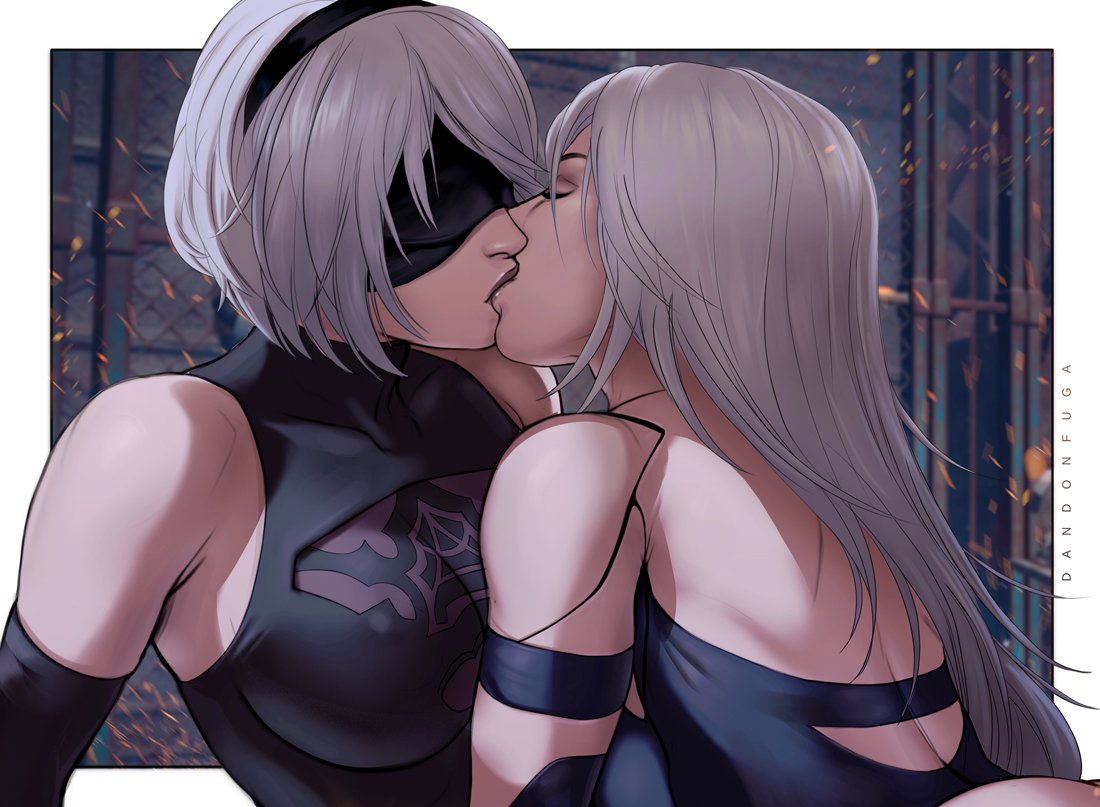 2girls android blindfold closed_eyes dandon_fuga elbow_gloves gloves kiss lips multiple_girls nier_(series) nier_automata robot_joints silver_hair yorha_no._2_type_b yorha_type_a_no._2 yuri