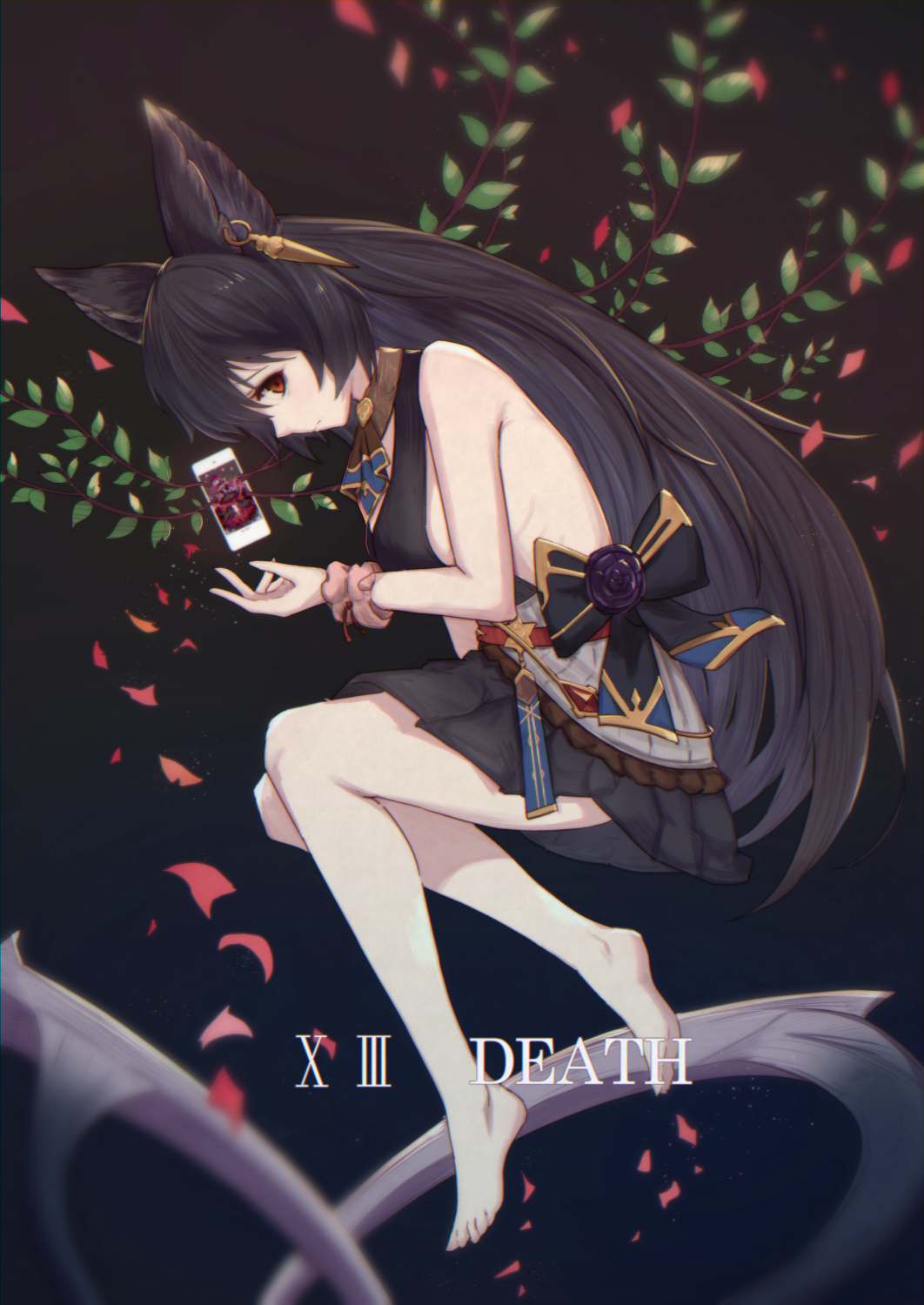 1girl animal_ears bangs bare_shoulders barefoot black_background black_bow black_dress black_hair bow breasts cellphone closed_mouth commentary_request dress ear_piercing erune flower granblue_fantasy hair_between_eyes highres long_hair medium_breasts nier_(granblue_fantasy) petals phone piercing pink_scrunchie pleated_dress profile purple_flower purple_rose red_eyes rose scrunchie sleeveless sleeveless_dress soles solo star uneg very_long_hair wrist_scrunchie