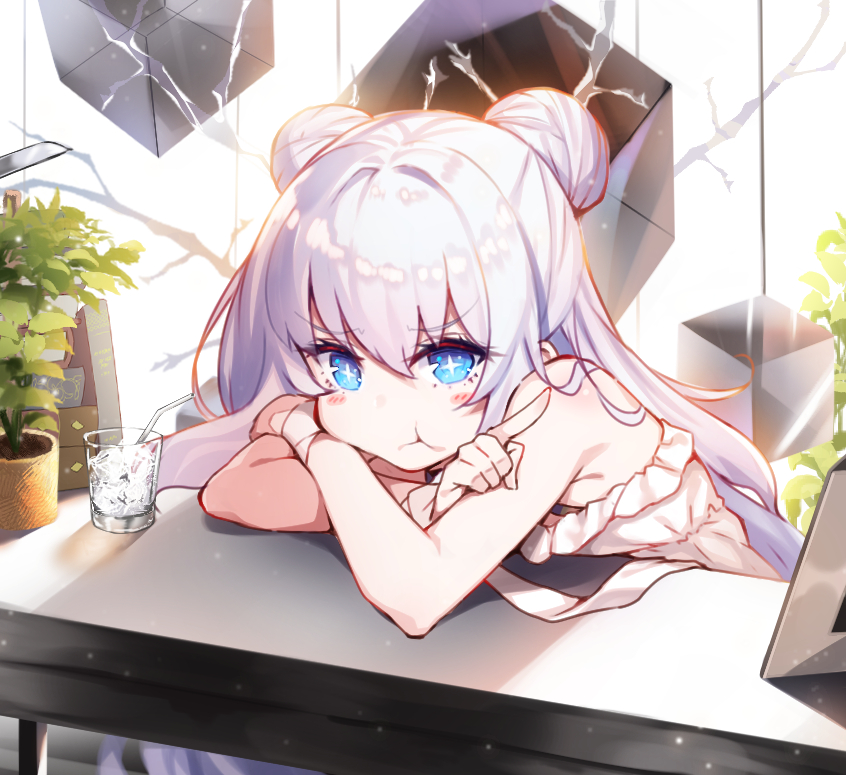 +_+ 1girl arm_pillow azur_lane bangs bare_shoulders bendy_straw blue_eyes commentary_request crossed_arms cube cup double_bun dress drinking_glass drinking_straw eyebrows_visible_through_hair ice le_malin_(azur_lane) long_hair looking_at_viewer plant potted_plant pout raiou sleeveless solo sundress symbol-shaped_pupils table white_hair