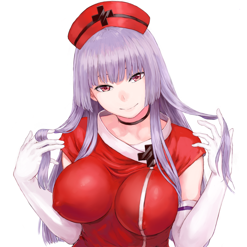 1girl breasts choker covered_nipples elbow_gloves gloves hat hell's_channel large_breasts long_hair looking_at_viewer nurse_cap rokudou_mei shu-mai simple_background smile solo very_long_hair virtual_youtuber white_background white_gloves