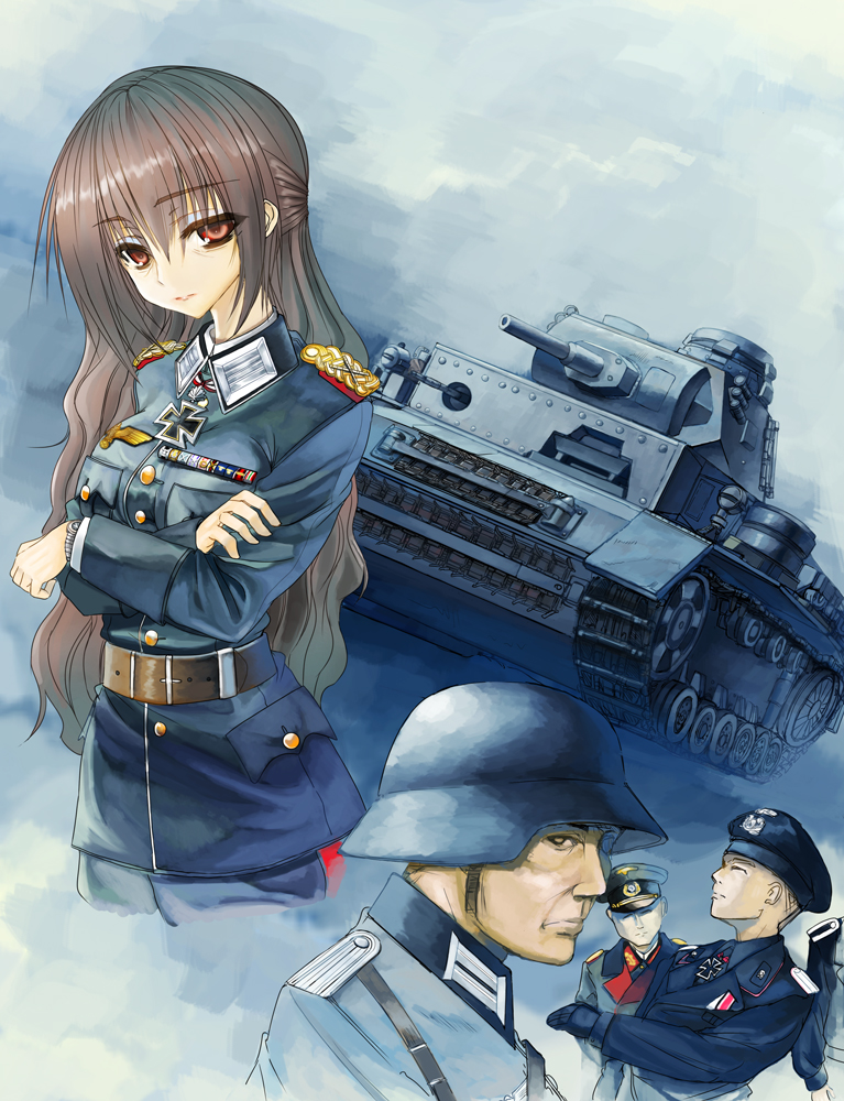 1girl 3boys caterpillar_tracks graphite_(medium) ground_vehicle mechanical_pencil military military_uniform military_vehicle motor_vehicle multiple_boys original panzerkampfwagen_iii pencil samazuka_mashiro tank traditional_media uniform