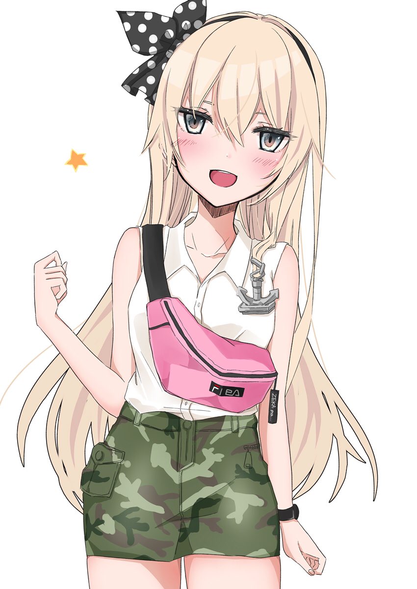 1girl alternate_costume anchor_hair_ornament belt_bag black_hair blonde_hair camouflage camouflage_shorts casual chigasaki_y cowboy_shot fila_(company) grey_eyes hair_ornament hairband highres kadokawa kantai_collection long_hair normal open_mouth round_teeth shimakaze_(kantai_collection) shirt shorts simple_background sleeveless sleeveless_shirt smile solo teeth tokyo_mx upper_teeth white_background white_shirt