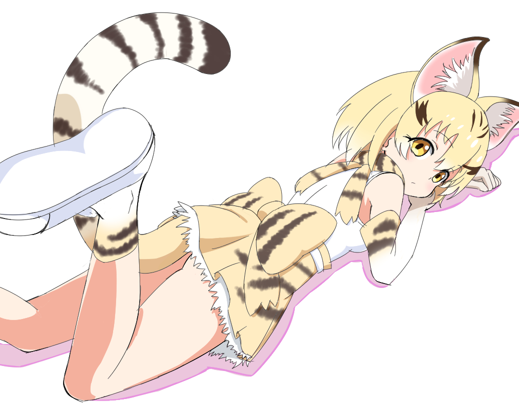 1girl :/ animal_ear_fluff animal_ears bare_shoulders blonde_hair bow cat_ears cat_tail elbow_gloves extra_ears eyebrows_visible_through_hair eyes_visible_through_hair foot_up from_behind gloves ilyfon133 kemono_friends large_bow looking_at_viewer looking_back lying on_stomach print_bow print_gloves print_legwear sand_cat_(kemono_friends) sand_cat_print shirt shoes short_hair simple_background sleeveless sleeveless_shirt socks solo tail waist_bow white_background white_footwear white_shirt yellow_eyes